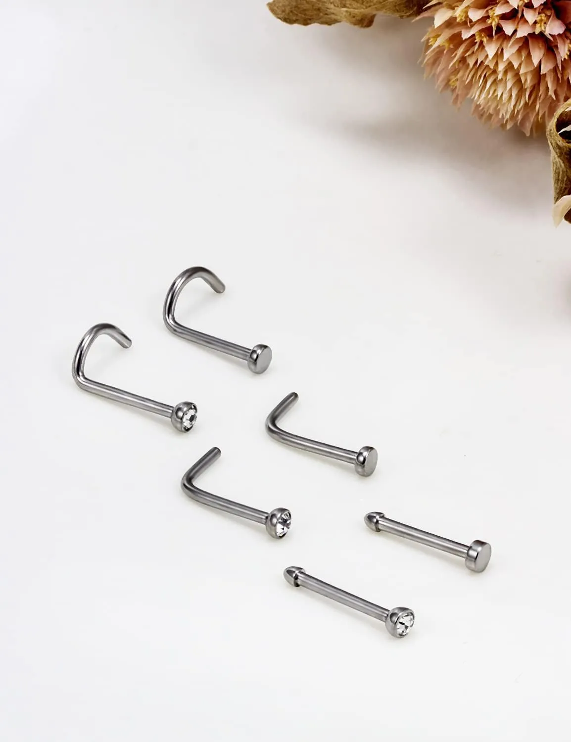 Vsnnsns 18G 20G Nose Rings Studs for Women G23 Titanium Nose Piercing L Shaped Nose Rings Corkscrew Bone Nose Ring Studs Piercings Jewelry for Women Men Diamond CZ Flat Top 2mm 6pcs