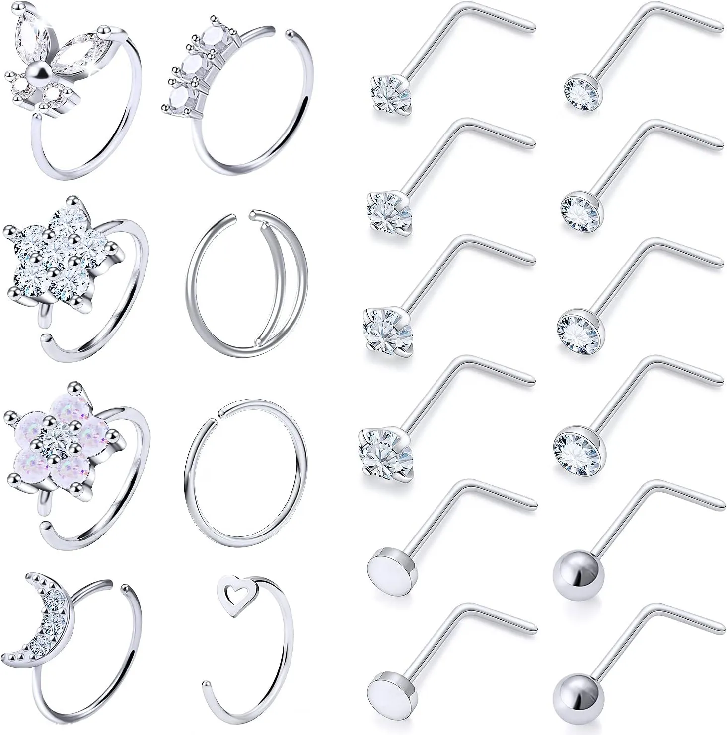 Vsnnsns 18G Nose Rings for Women Surgical Steel Nose Rings Hoops L Shaped Nose Studs Opal Nose Hoop Rings 1.5mm 2mm 2.5mm 3mm Diamond CZ Nose Ring Piercing Jewelry Silver Black Rose Gold 15-20Pcs