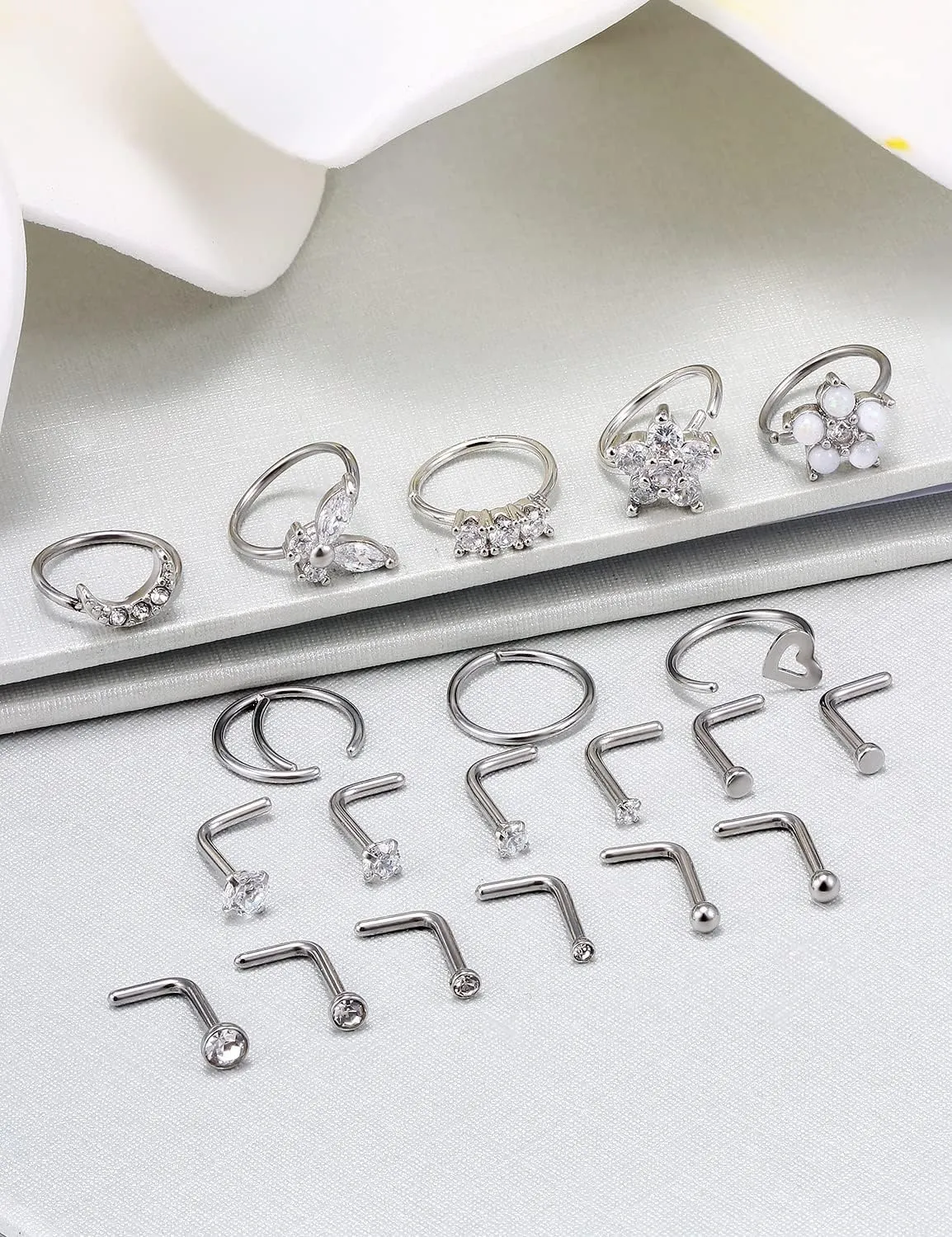 Vsnnsns 18G Nose Rings for Women Surgical Steel Nose Rings Hoops L Shaped Nose Studs Opal Nose Hoop Rings 1.5mm 2mm 2.5mm 3mm Diamond CZ Nose Ring Piercing Jewelry Silver Black Rose Gold 15-20Pcs