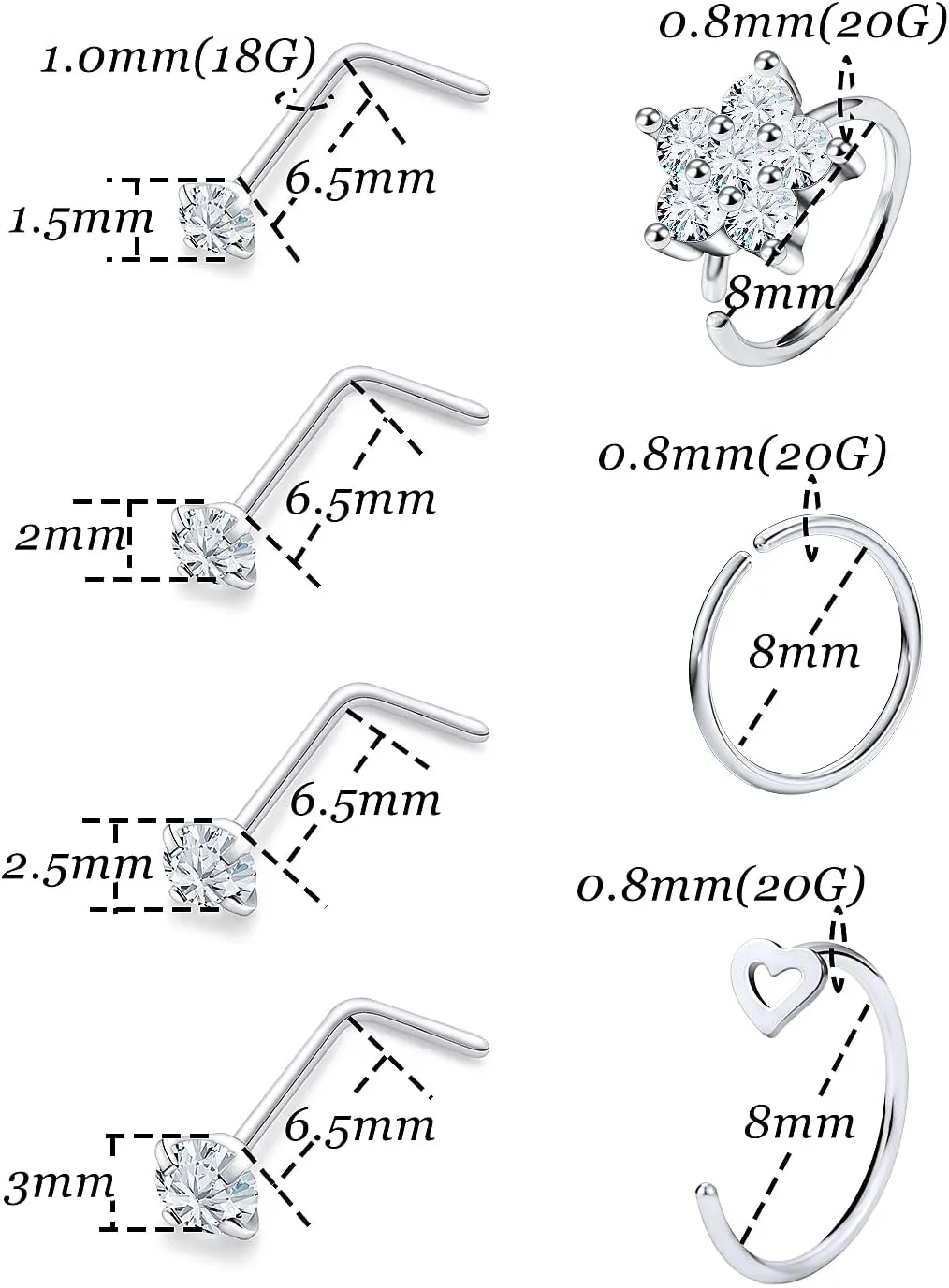 Vsnnsns 18G Nose Rings for Women Surgical Steel Nose Rings Hoops L Shaped Nose Studs Opal Nose Hoop Rings 1.5mm 2mm 2.5mm 3mm Diamond CZ Nose Ring Piercing Jewelry Silver Black Rose Gold 15-20Pcs