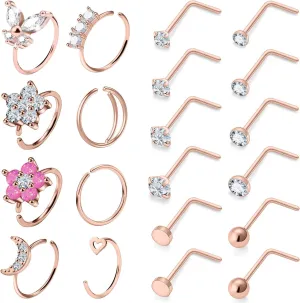 Vsnnsns 18G Nose Rings for Women Surgical Steel Nose Rings Hoops L Shaped Nose Studs Opal Nose Hoop Rings 1.5mm 2mm 2.5mm 3mm Diamond CZ Nose Ring Piercing Jewelry Silver Black Rose Gold 15-20Pcs