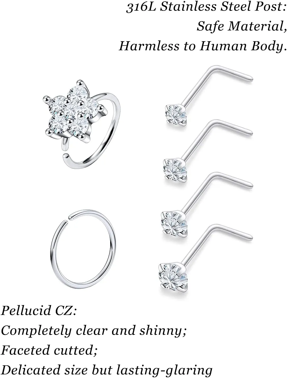 Vsnnsns 18G Nose Rings for Women Surgical Steel Nose Rings Hoops L Shaped Nose Studs Opal Nose Hoop Rings 1.5mm 2mm 2.5mm 3mm Diamond CZ Nose Ring Piercing Jewelry Silver Black Rose Gold 15-20Pcs