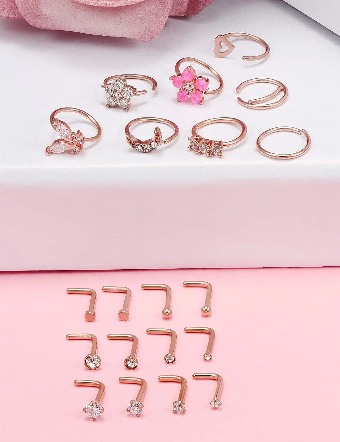 Vsnnsns 18G Nose Rings for Women Surgical Steel Nose Rings Hoops L Shaped Nose Studs Opal Nose Hoop Rings 1.5mm 2mm 2.5mm 3mm Diamond CZ Nose Ring Piercing Jewelry Silver Black Rose Gold 15-20Pcs