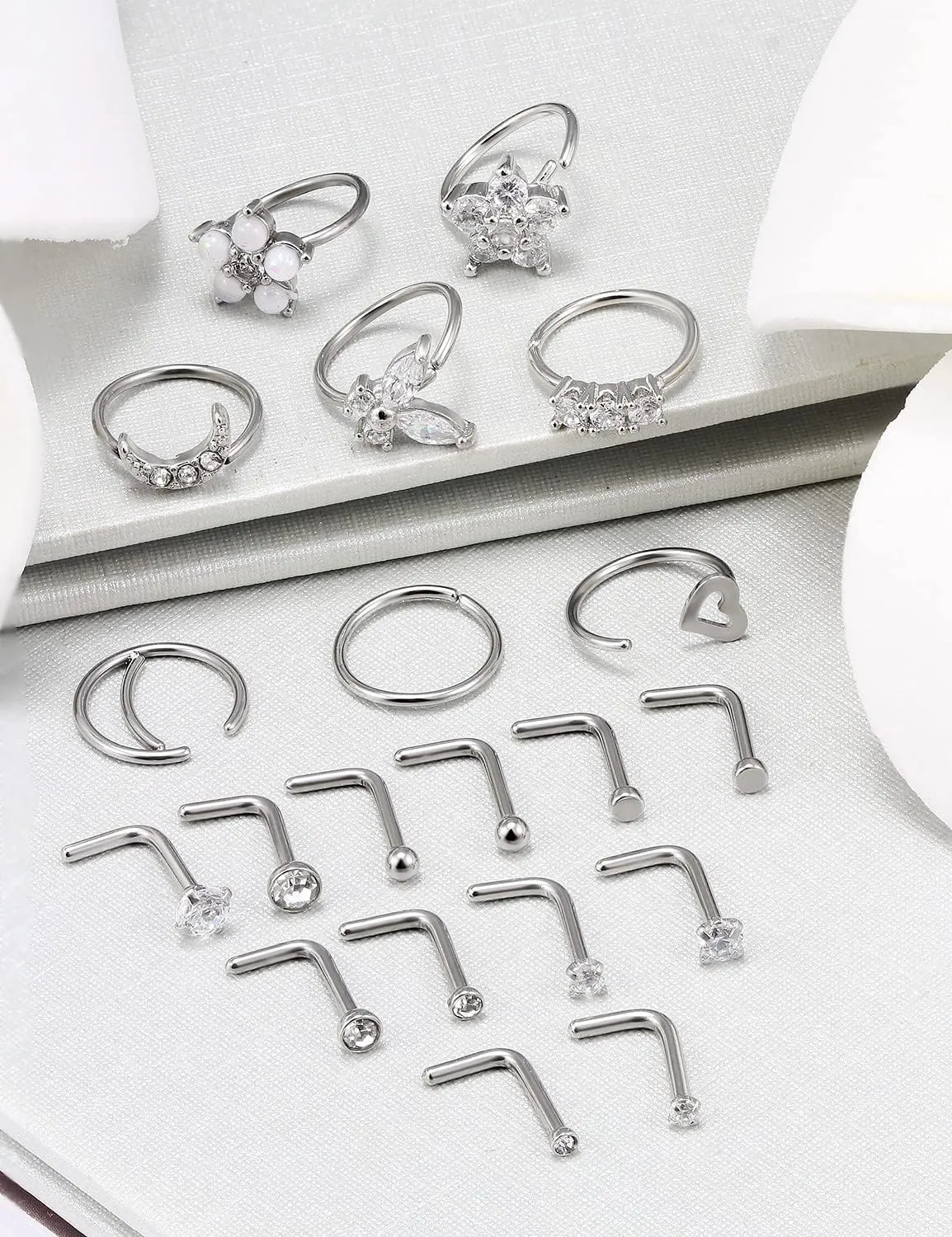 Vsnnsns 18G Nose Rings for Women Surgical Steel Nose Rings Hoops L Shaped Nose Studs Opal Nose Hoop Rings 1.5mm 2mm 2.5mm 3mm Diamond CZ Nose Ring Piercing Jewelry Silver Black Rose Gold 15-20Pcs