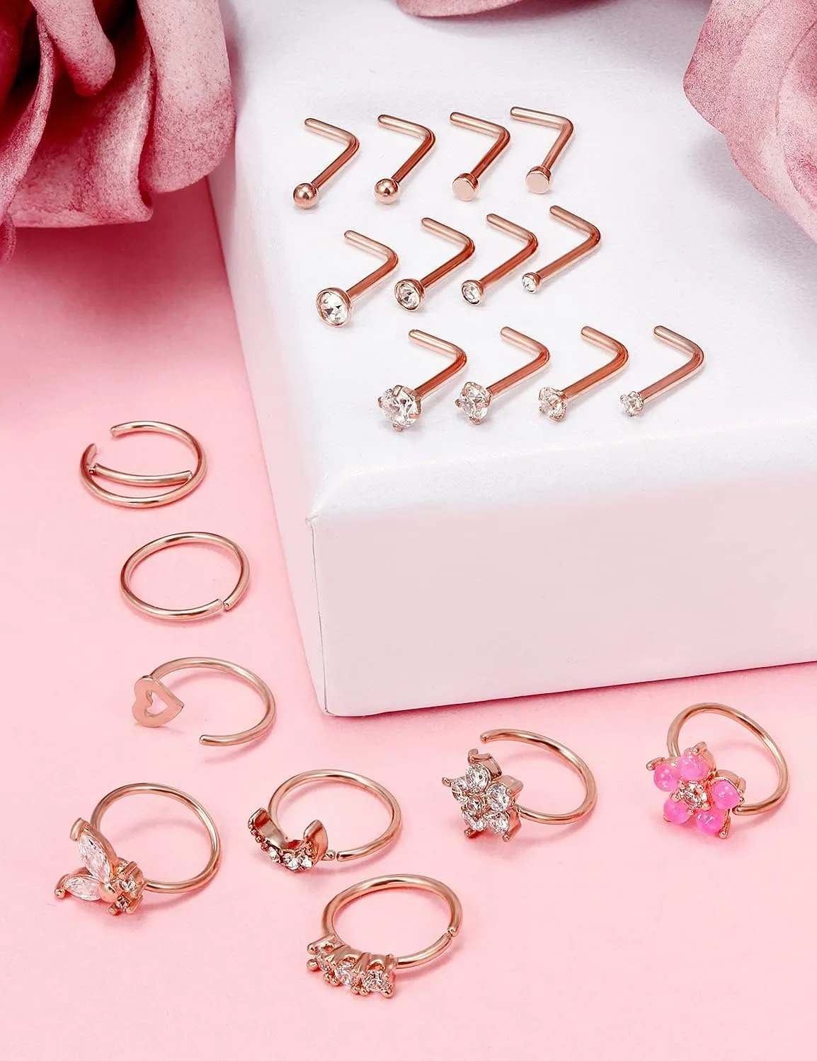 Vsnnsns 18G Nose Rings for Women Surgical Steel Nose Rings Hoops L Shaped Nose Studs Opal Nose Hoop Rings 1.5mm 2mm 2.5mm 3mm Diamond CZ Nose Ring Piercing Jewelry Silver Black Rose Gold 15-20Pcs