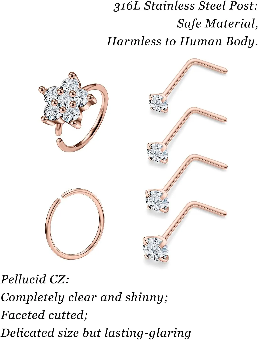 Vsnnsns 18G Nose Rings for Women Surgical Steel Nose Rings Hoops L Shaped Nose Studs Opal Nose Hoop Rings 1.5mm 2mm 2.5mm 3mm Diamond CZ Nose Ring Piercing Jewelry Silver Black Rose Gold 15-20Pcs