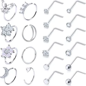 Vsnnsns 18G Nose Rings for Women Surgical Steel Nose Rings Hoops L Shaped Nose Studs Opal Nose Hoop Rings 1.5mm 2mm 2.5mm 3mm Diamond CZ Nose Ring Piercing Jewelry Silver Black Rose Gold 15-20Pcs