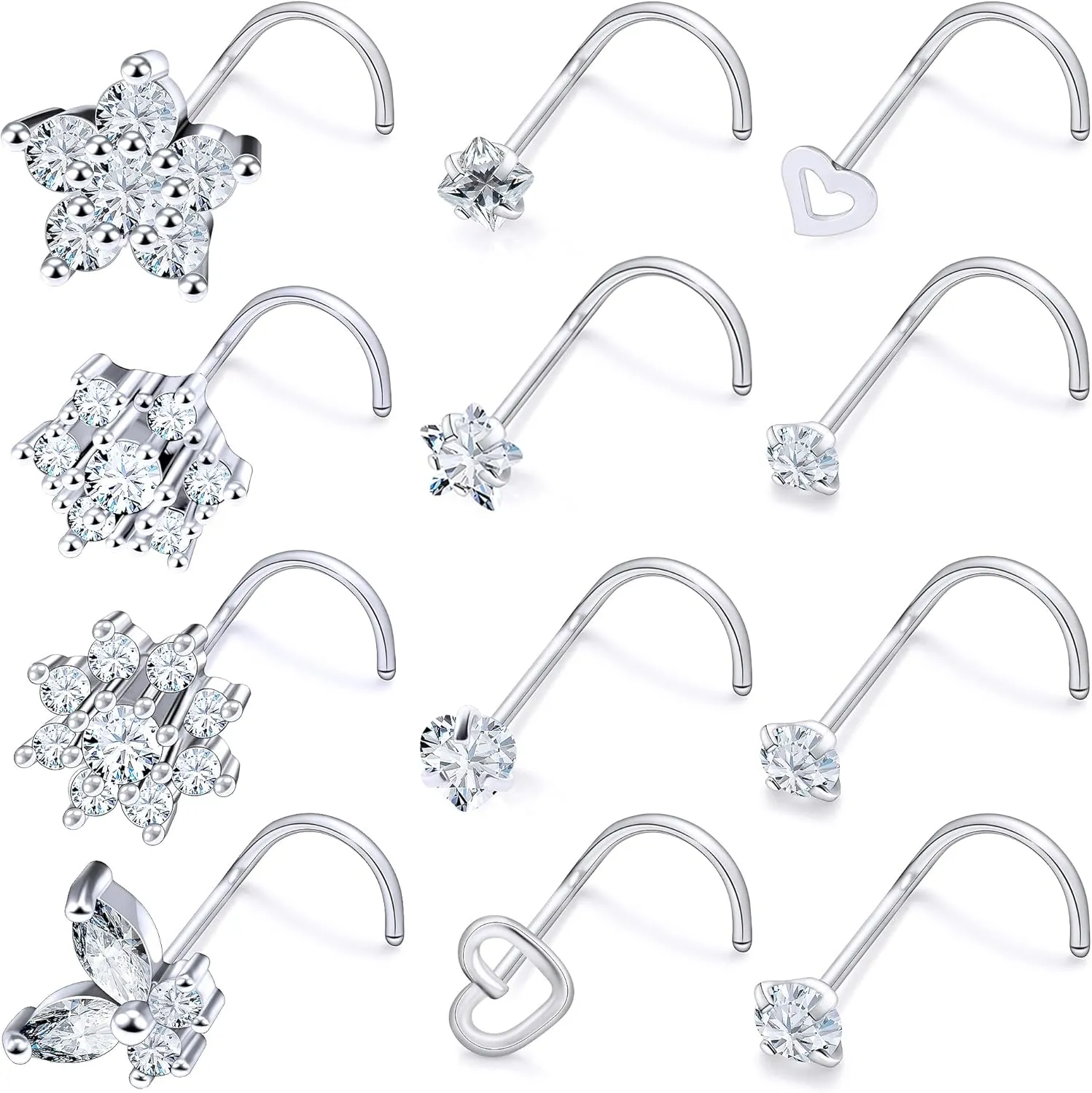 Vsnnsns 20G 18G Nose Rings Studs Piercing Jewelry for Women 316L Surgical Stainless Steel L Shaped Corkscrew Straight Butterfly Heart Diamond CZ Nose Rings Studs Nostril Piercing Jewelry Silver Gold