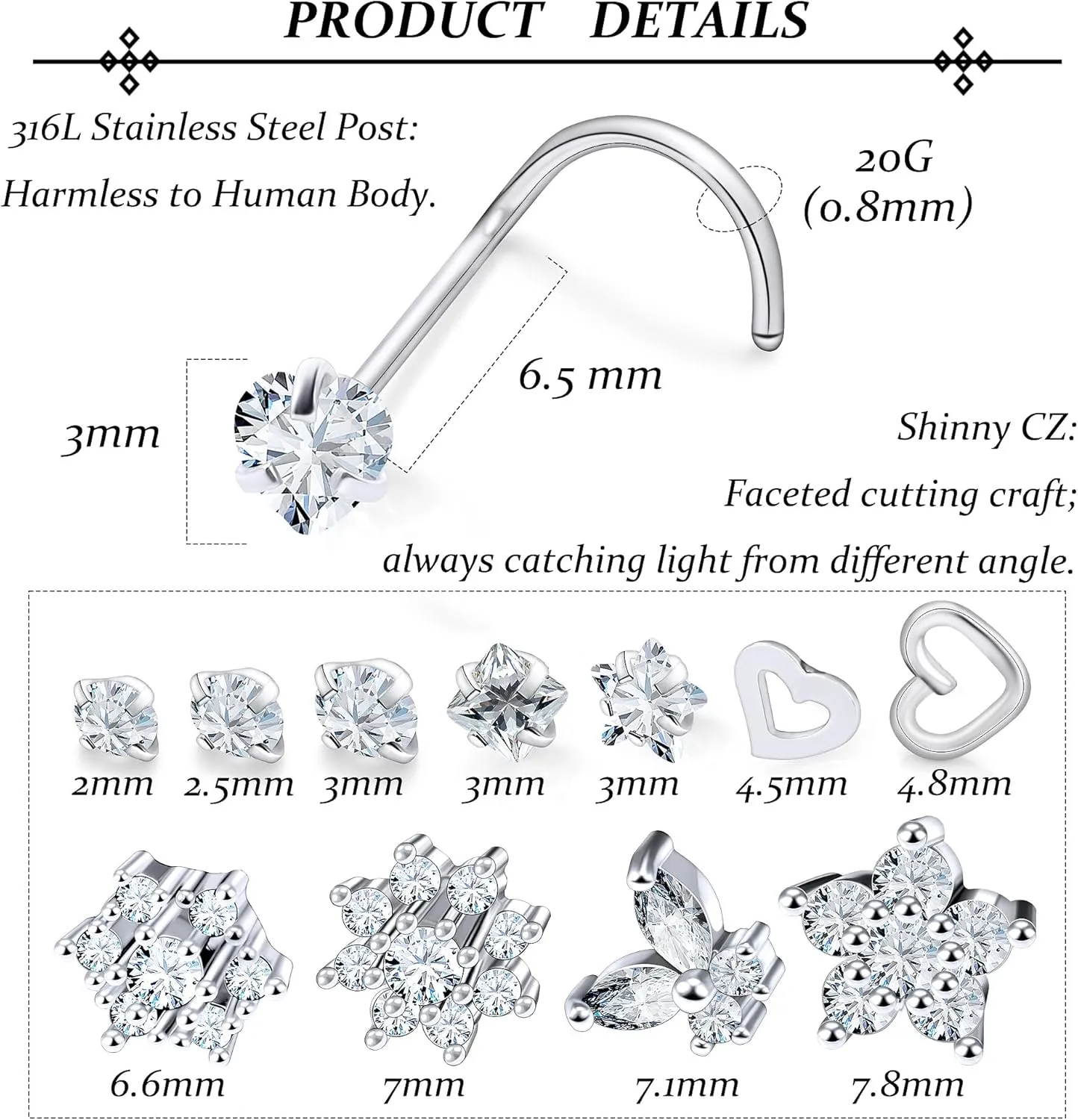 Vsnnsns 20G 18G Nose Rings Studs Piercing Jewelry for Women 316L Surgical Stainless Steel L Shaped Corkscrew Straight Butterfly Heart Diamond CZ Nose Rings Studs Nostril Piercing Jewelry Silver Gold