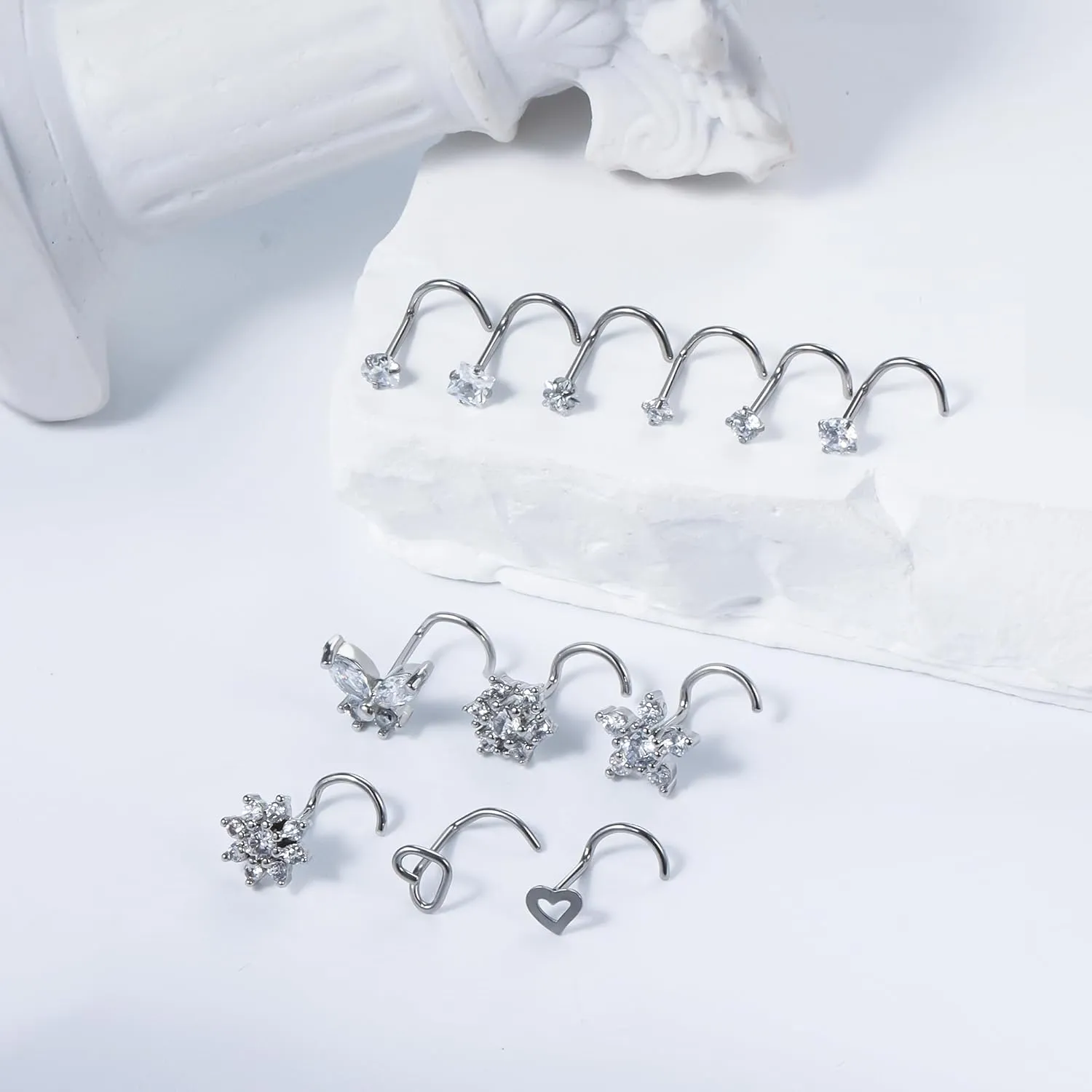 Vsnnsns 20G 18G Nose Rings Studs Piercing Jewelry for Women 316L Surgical Stainless Steel L Shaped Corkscrew Straight Butterfly Heart Diamond CZ Nose Rings Studs Nostril Piercing Jewelry Silver Gold