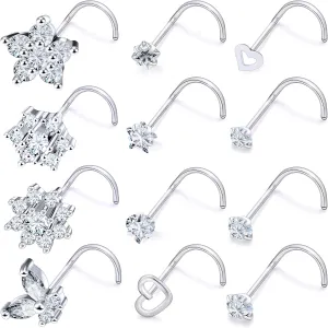 Vsnnsns 20G 18G Nose Rings Studs Piercing Jewelry for Women 316L Surgical Stainless Steel L Shaped Corkscrew Straight Butterfly Heart Diamond CZ Nose Rings Studs Nostril Piercing Jewelry Silver Gold