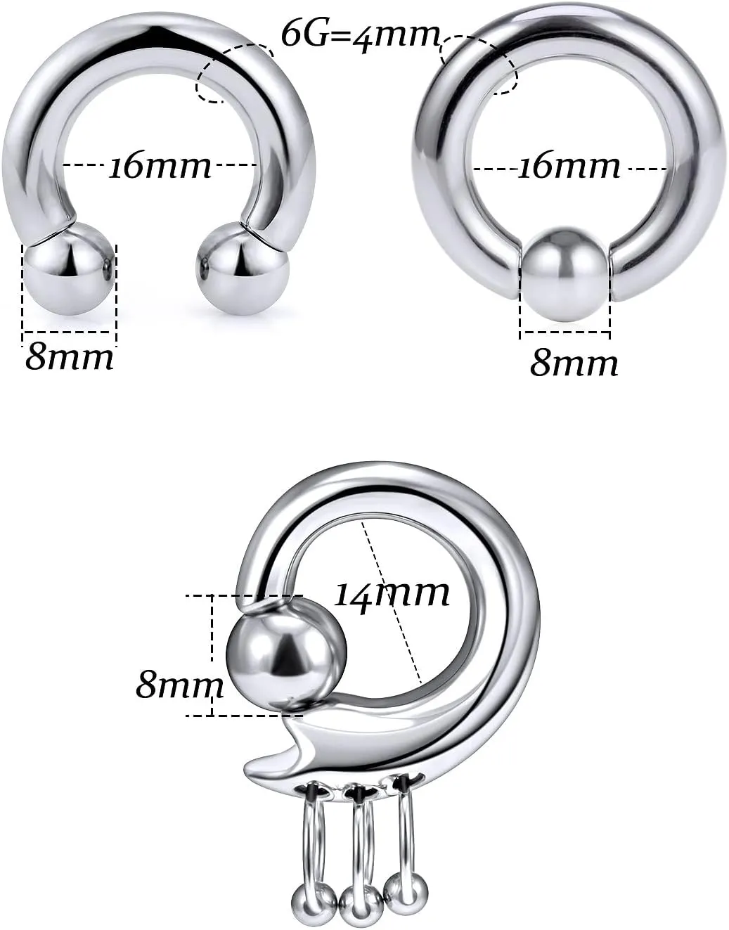 Vsnnsns 2G 4G 6G 8G Septum Rings Surgical Steel Heavy Gauges Earrings for Stretching Internally Threaded Horseshoe Septum Nose Rings Weights Captive Bead Earrings Hoops Silver Black Rainbow Rose Gold