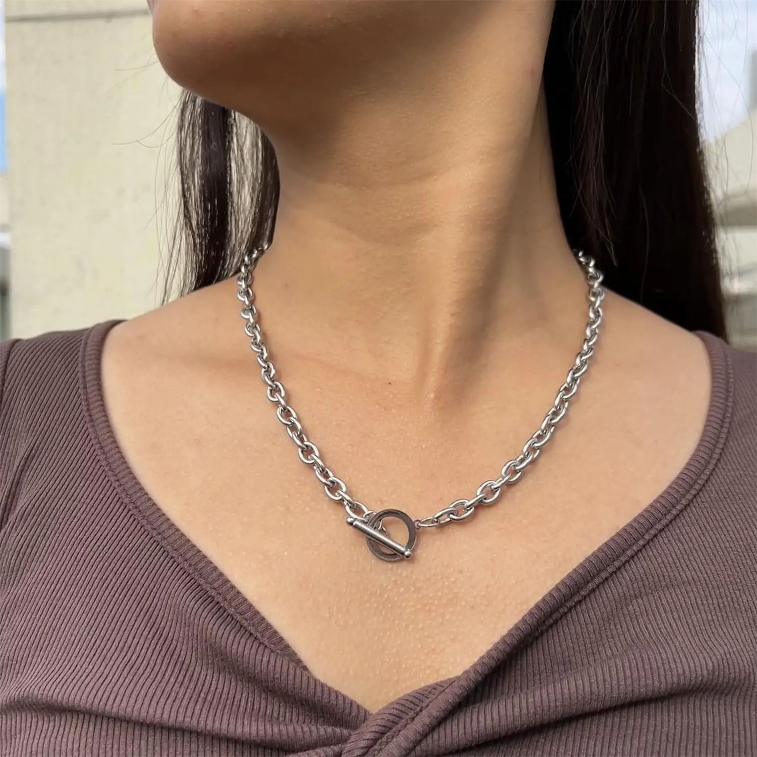 WangGao Stainless Steel Toggle Clasp Chunky Chain Necklace for Women Man,Statement Link T-Bar Clase Choker Necklaces