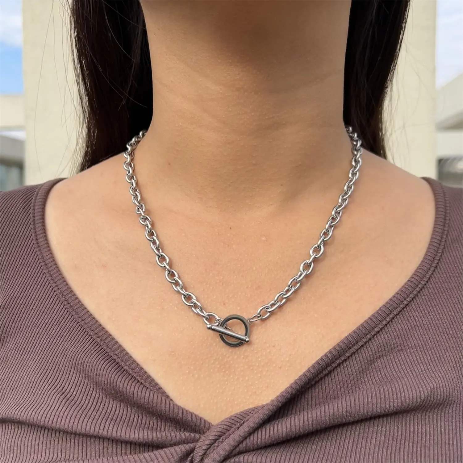 WangGao Stainless Steel Toggle Clasp Chunky Chain Necklace for Women Man,Statement Link T-Bar Clase Choker Necklaces