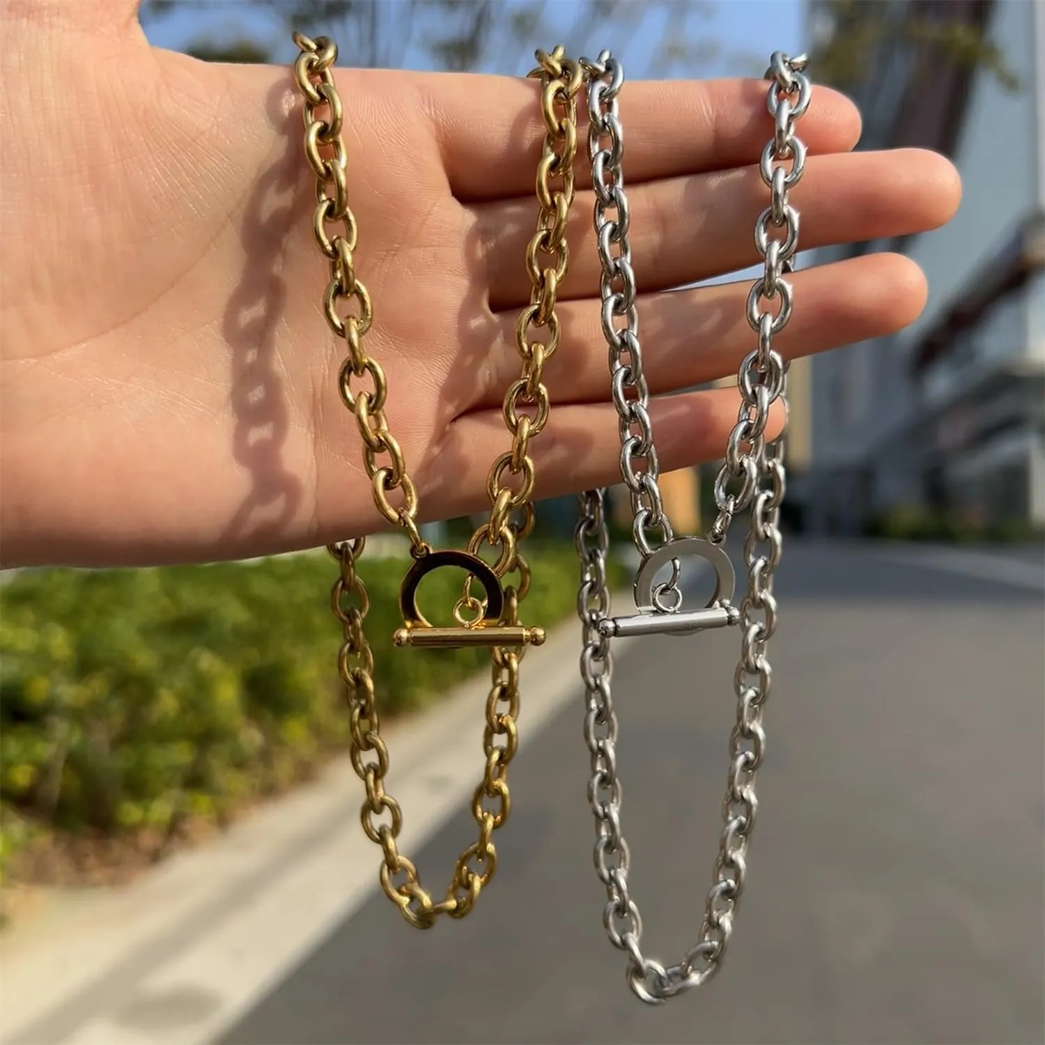 WangGao Stainless Steel Toggle Clasp Chunky Chain Necklace for Women Man,Statement Link T-Bar Clase Choker Necklaces