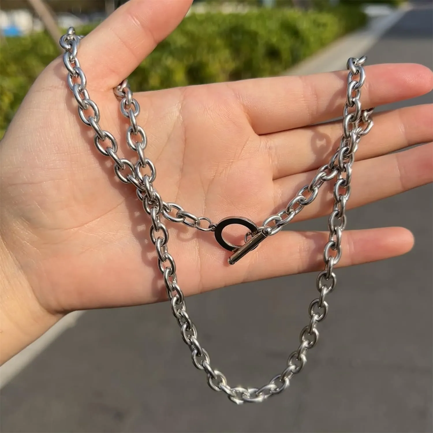 WangGao Stainless Steel Toggle Clasp Chunky Chain Necklace for Women Man,Statement Link T-Bar Clase Choker Necklaces