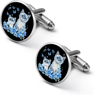 Watercolor Cats With Blue Flower Butterflies Fashion Cufflinks For Men Alloy Tuxedo Shirt Cuff Links For Business Wedding Party 2.0cm