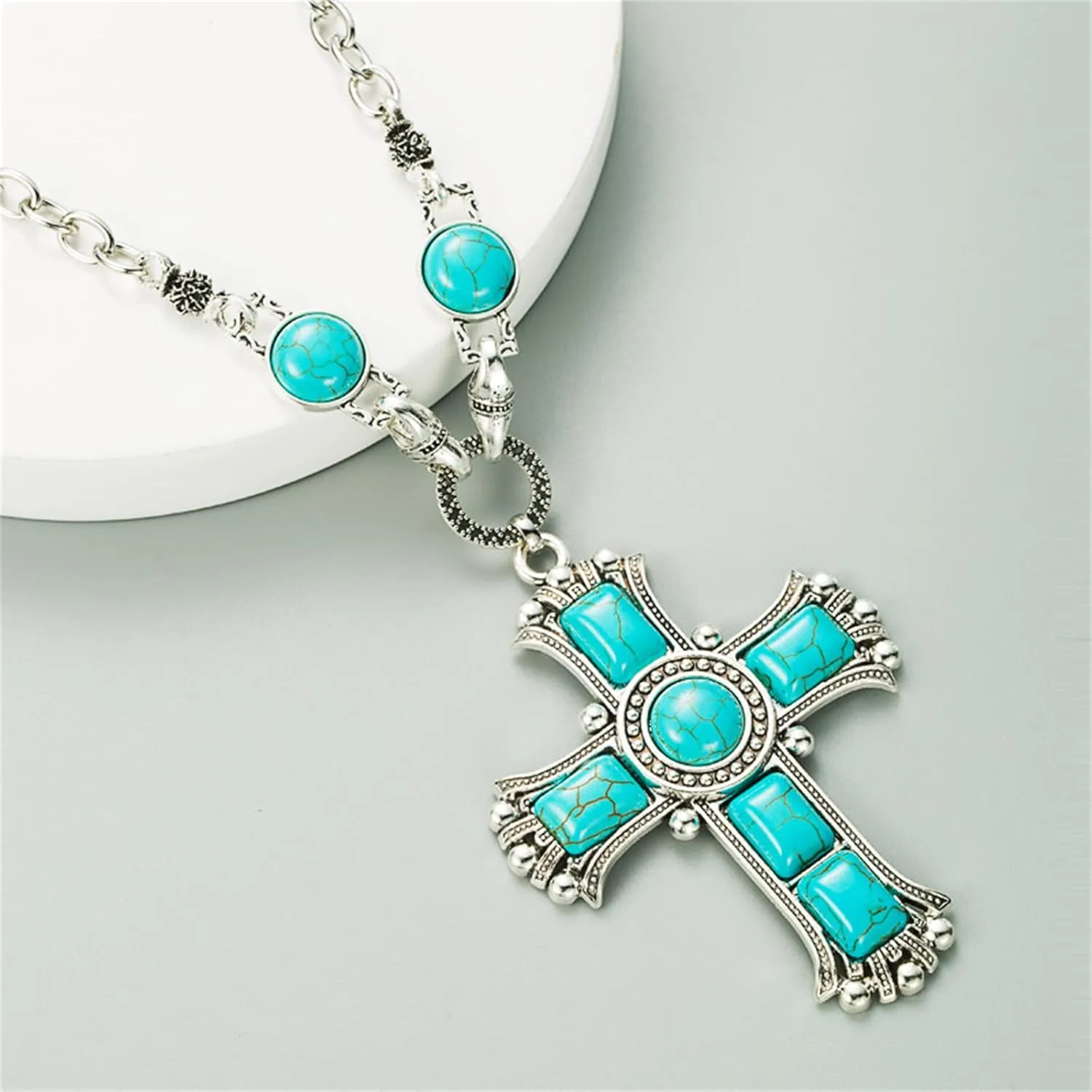 WCRAZYE Boho Handmade Natural Turquoise Necklace for Women Boho lightning Cross Turquoise Western Necklaces Vintage Statement Pendant Necklace
