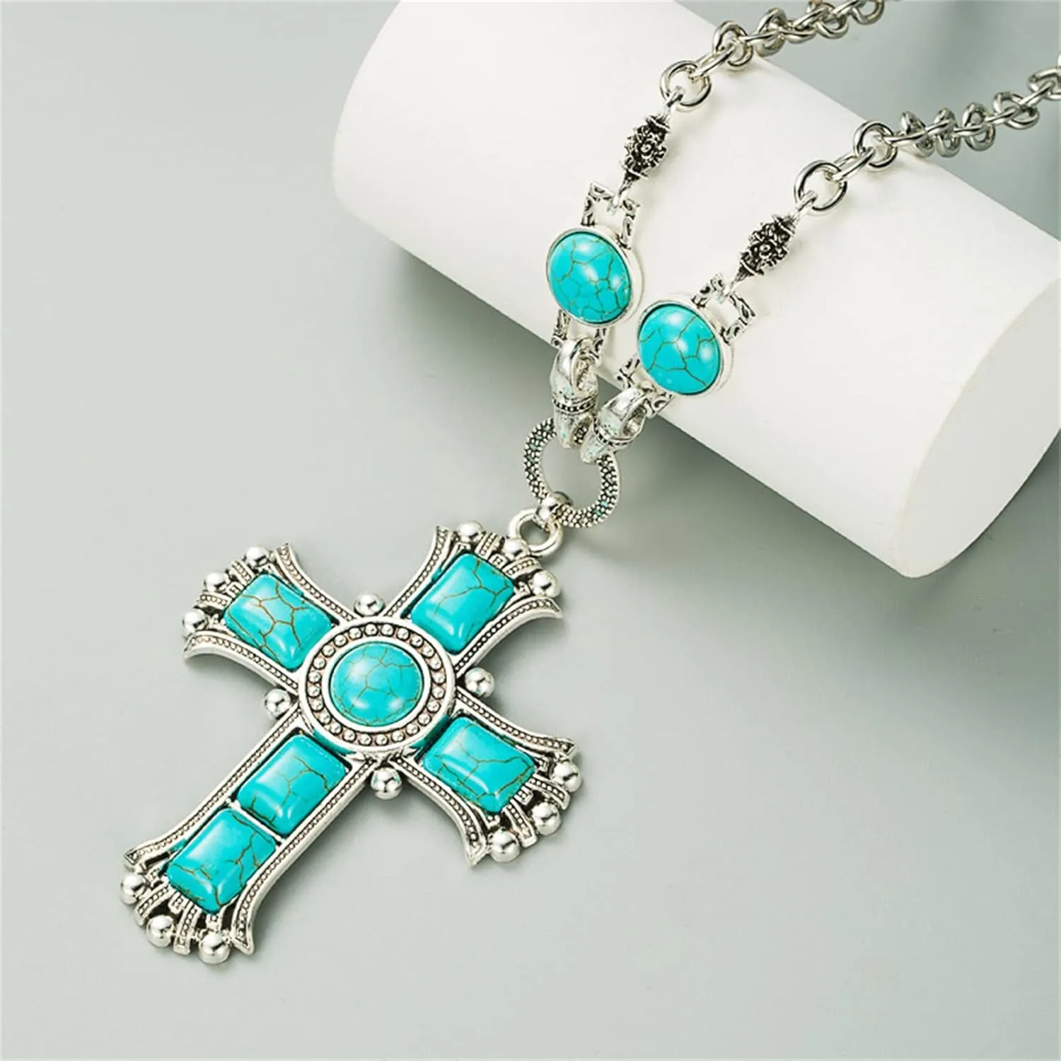 WCRAZYE Boho Handmade Natural Turquoise Necklace for Women Boho lightning Cross Turquoise Western Necklaces Vintage Statement Pendant Necklace