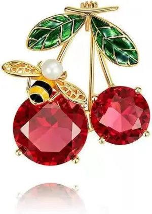 WCRAZYE Red Cherry Brooch Pin for Women Girls Fashion Cute Gold Plated Shell Pearl CZ Rhinestone Enameled Animal Bee Fruit Brooches Lapel Pins Dainty Dress Accessories Jewelry for Hat Bag Suit Tie