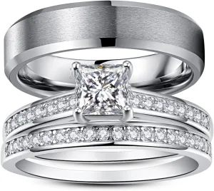 Wedding Rings for Him and Her Promise Rings for Couples Men's Tungsten Band & White Gold Plated 1.35CT Bridal Set with Princess Cut Cubic Zirconia