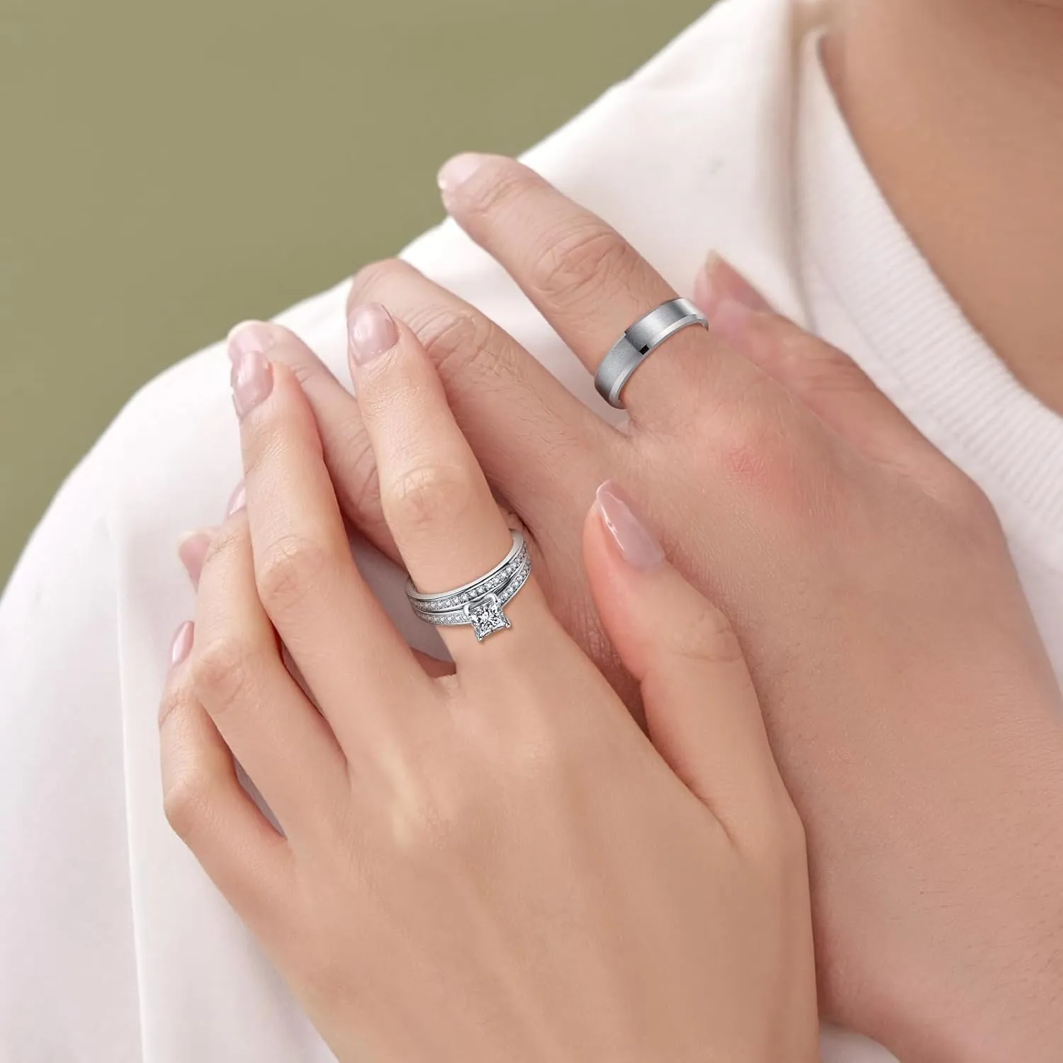 Wedding Rings for Him and Her Promise Rings for Couples Men's Tungsten Band & White Gold Plated 1.35CT Bridal Set with Princess Cut Cubic Zirconia