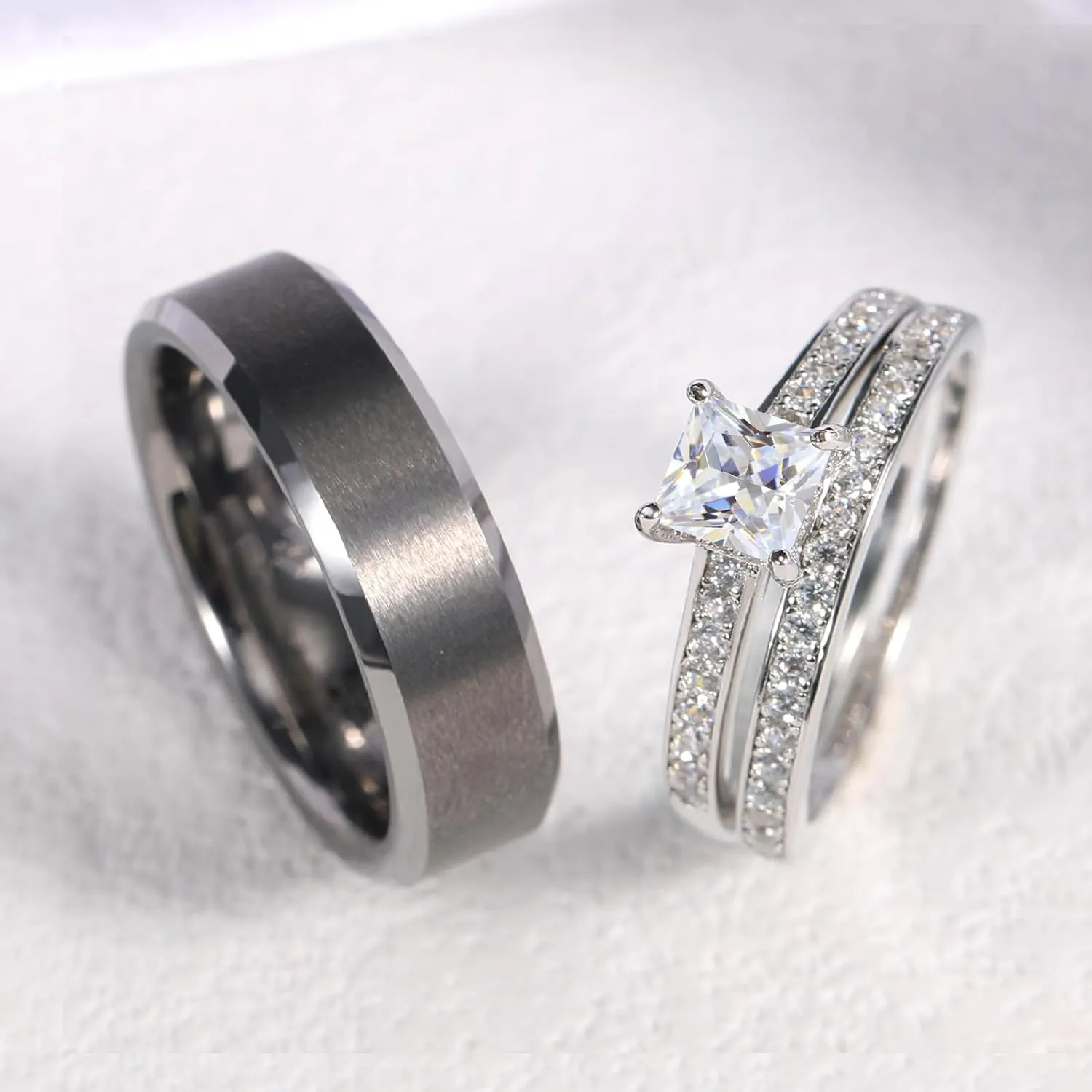 Wedding Rings for Him and Her Promise Rings for Couples Men's Tungsten Band & White Gold Plated 1.35CT Bridal Set with Princess Cut Cubic Zirconia
