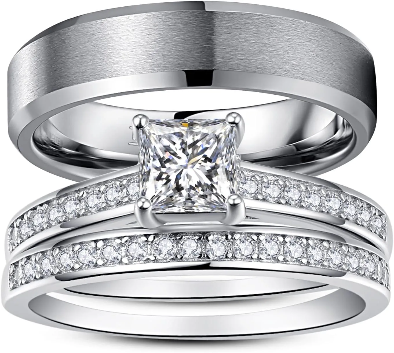 Wedding Rings for Him and Her Promise Rings for Couples Men's Tungsten Band & White Gold Plated 1.35CT Bridal Set with Princess Cut Cubic Zirconia