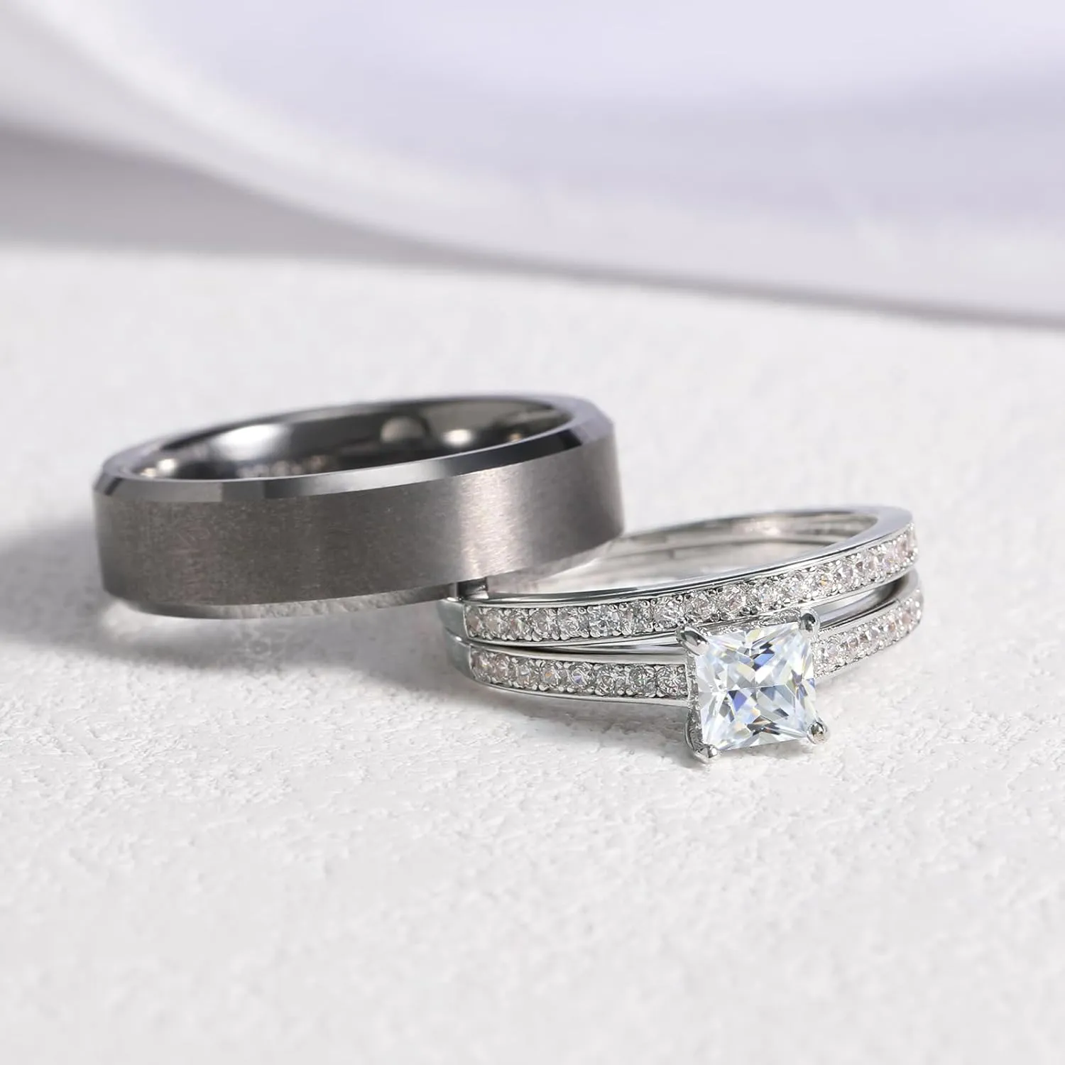 Wedding Rings for Him and Her Promise Rings for Couples Men's Tungsten Band & White Gold Plated 1.35CT Bridal Set with Princess Cut Cubic Zirconia
