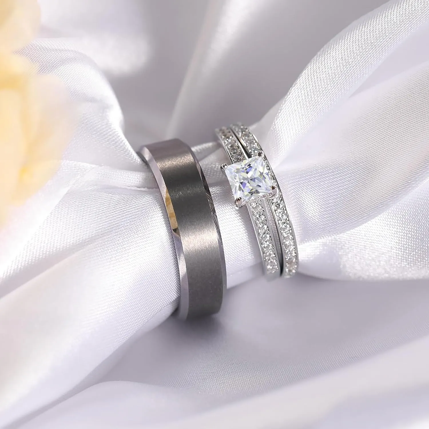 Wedding Rings for Him and Her Promise Rings for Couples Men's Tungsten Band & White Gold Plated 1.35CT Bridal Set with Princess Cut Cubic Zirconia