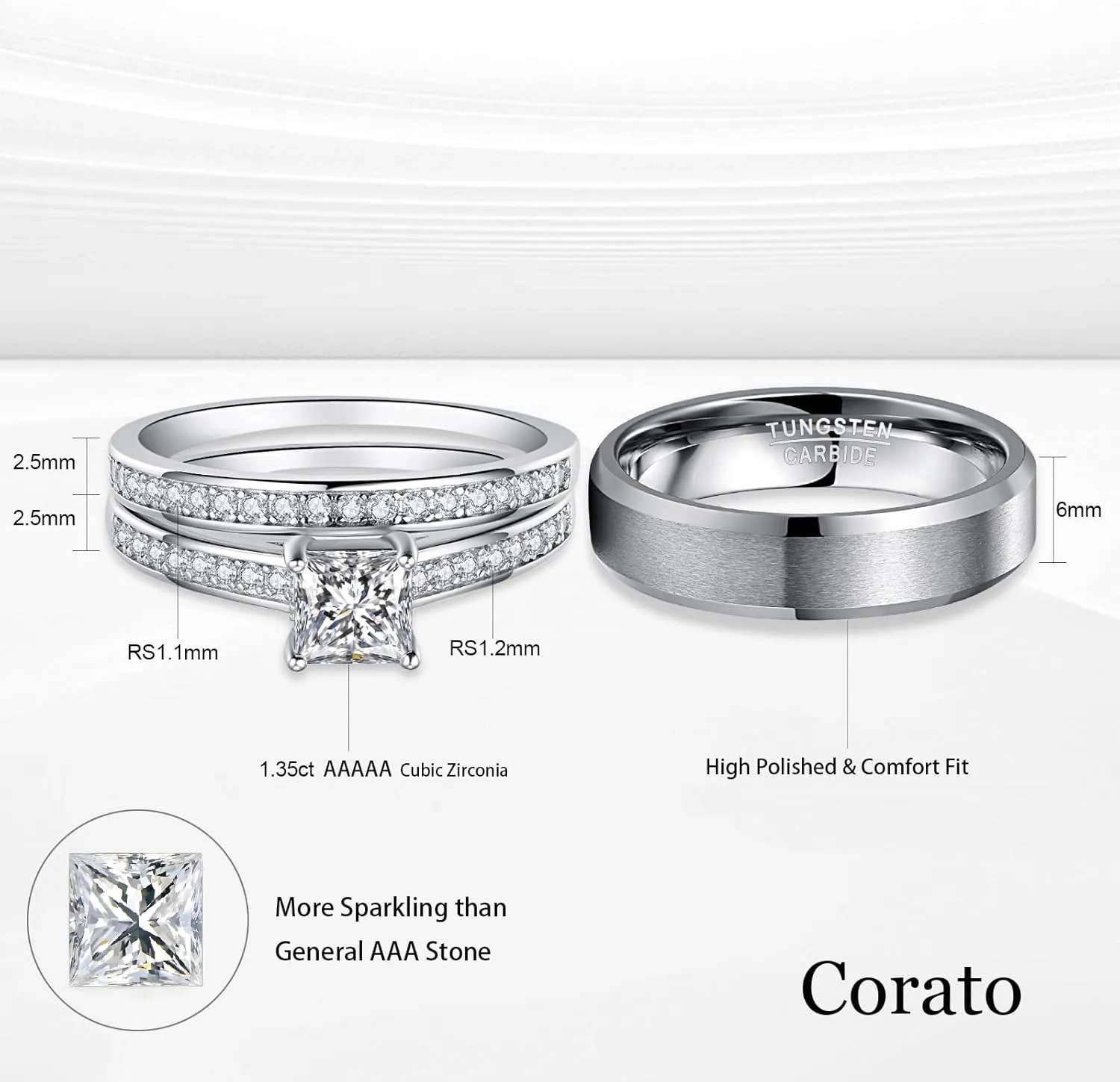 Wedding Rings for Him and Her Promise Rings for Couples Men's Tungsten Band & White Gold Plated 1.35CT Bridal Set with Princess Cut Cubic Zirconia