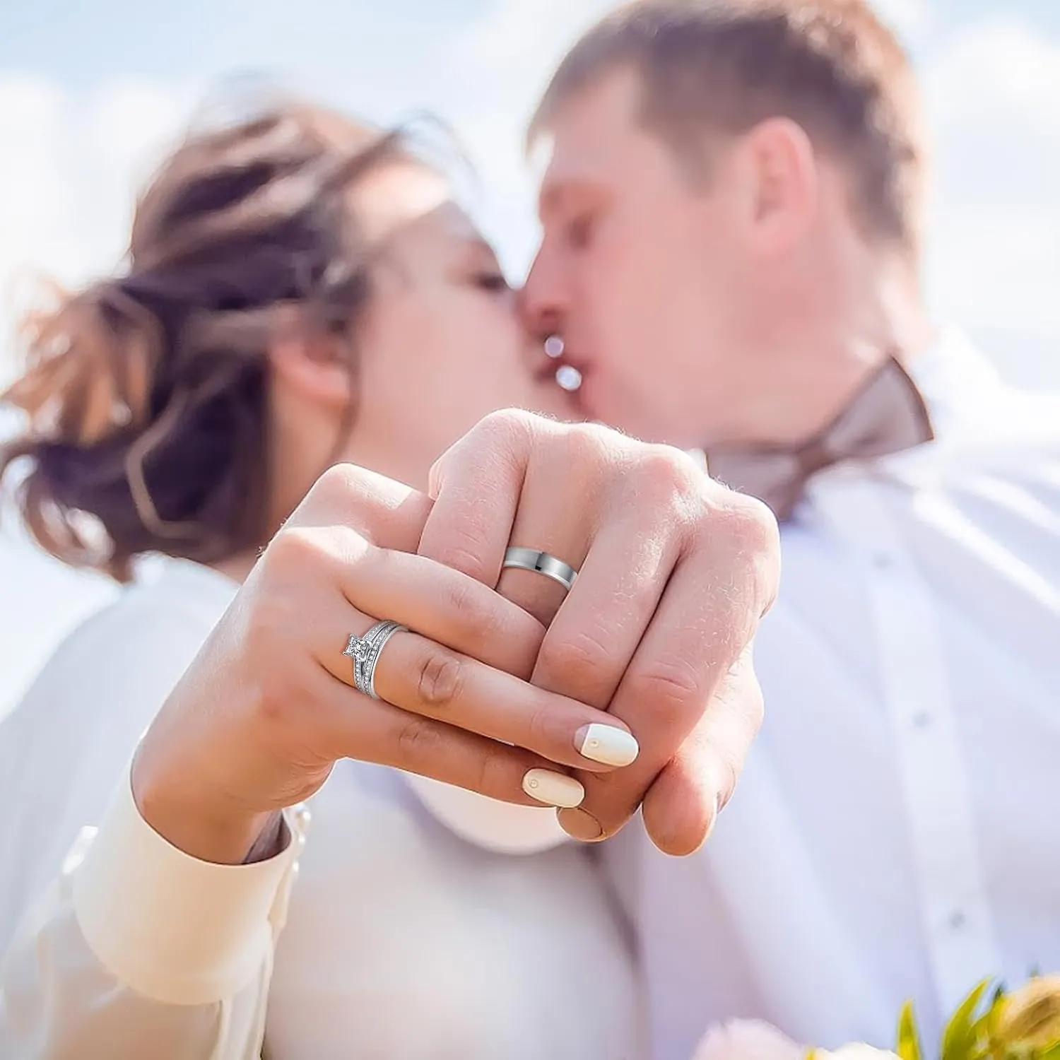Wedding Rings for Him and Her Promise Rings for Couples Men's Tungsten Band & White Gold Plated 1.35CT Bridal Set with Princess Cut Cubic Zirconia