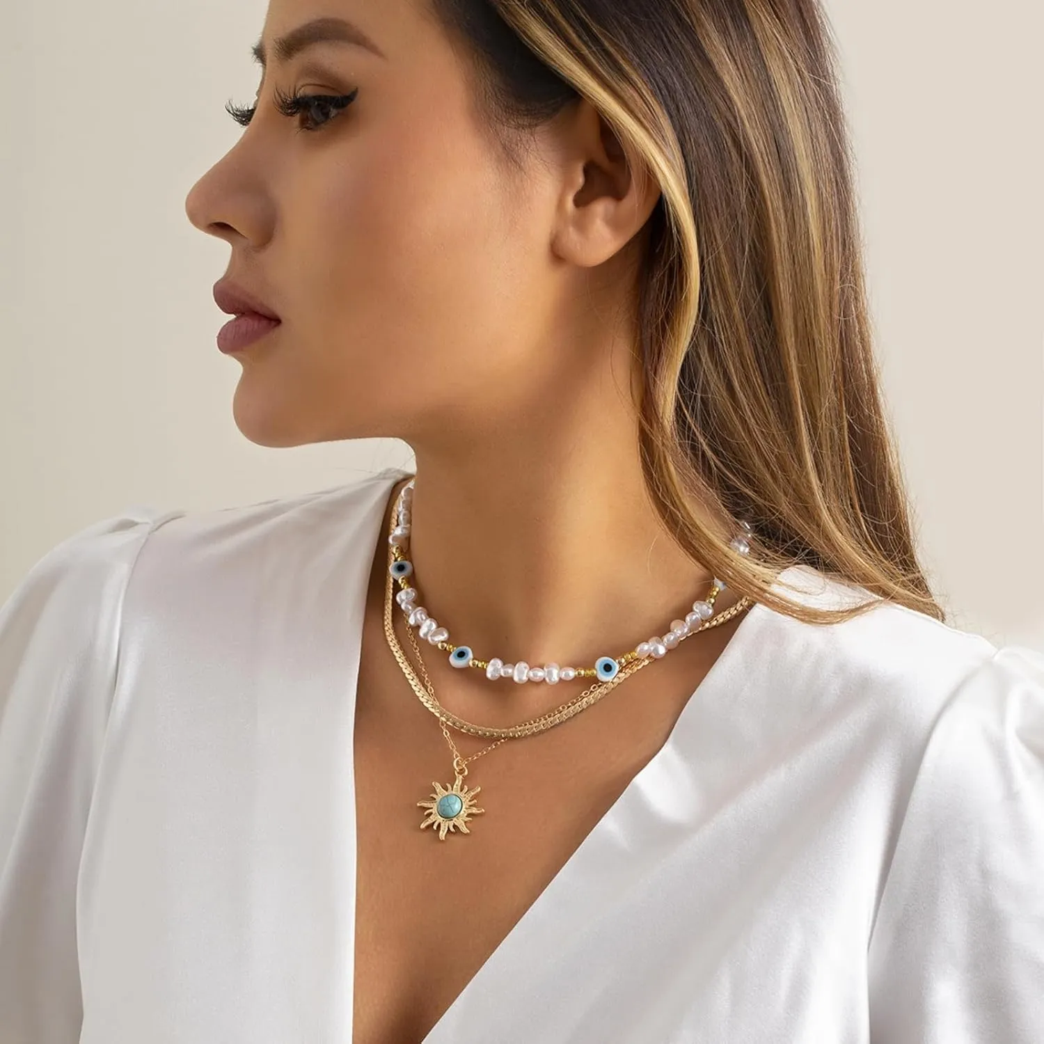 Western Region Necklace for Women Lion Butterfly Beads Natural Stone Retro Beaded Lady Women 17.71 Inch