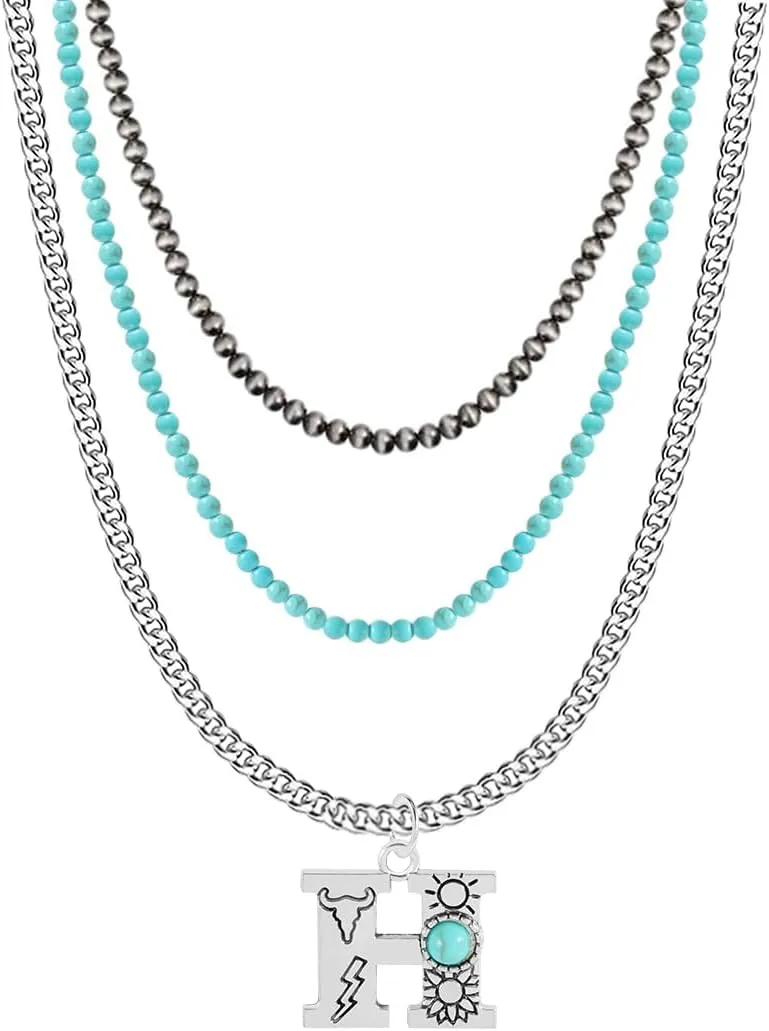 Western Style Navajo Pearl Turquoise Initial 3pcs Necklace for Women Faux Turquoise Initial A-Z Necklace Pendants Necklaces for Women Jewelry
