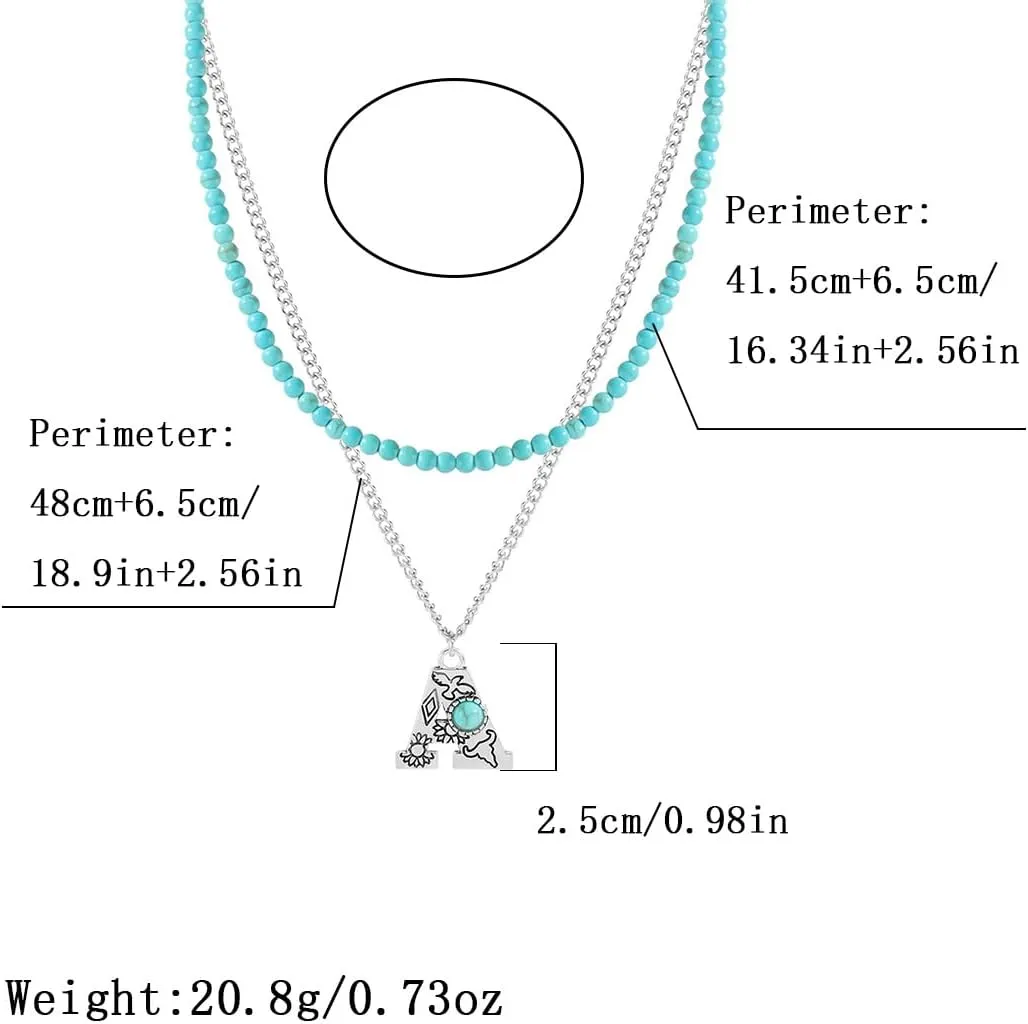 Western Style Navajo Pearl Turquoise Initial 3pcs Necklace for Women Faux Turquoise Initial A-Z Necklace Pendants Necklaces for Women Jewelry