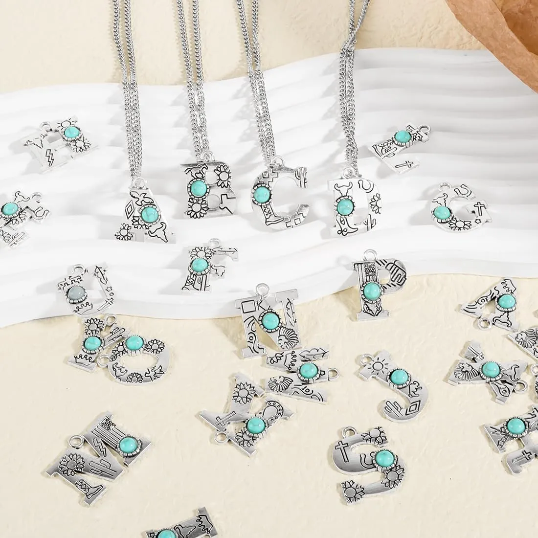 Western Style Navajo Pearl Turquoise Initial 3pcs Necklace for Women Faux Turquoise Initial A-Z Necklace Pendants Necklaces for Women Jewelry