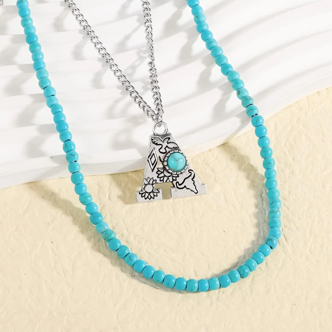 Western Style Navajo Pearl Turquoise Initial 3pcs Necklace for Women Faux Turquoise Initial A-Z Necklace Pendants Necklaces for Women Jewelry