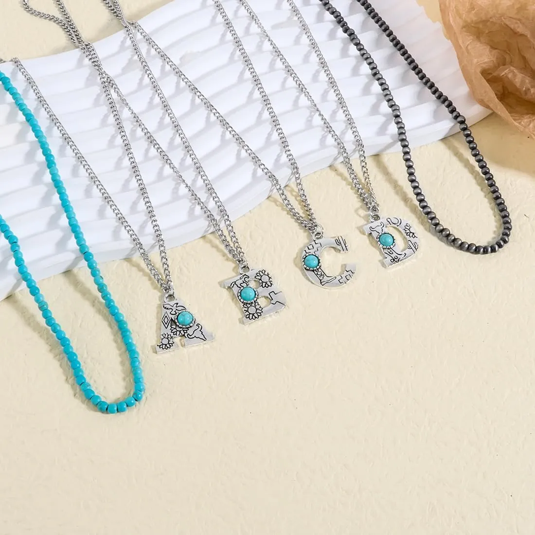 Western Style Navajo Pearl Turquoise Initial 3pcs Necklace for Women Faux Turquoise Initial A-Z Necklace Pendants Necklaces for Women Jewelry