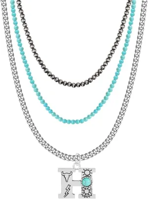 Western Style Navajo Pearl Turquoise Initial 3pcs Necklace for Women Faux Turquoise Initial A-Z Necklace Pendants Necklaces for Women Jewelry