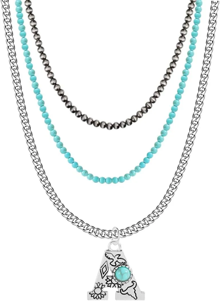 Western Style Navajo Pearl Turquoise Initial 3pcs Necklace for Women Faux Turquoise Initial A-Z Necklace Pendants Necklaces for Women Jewelry