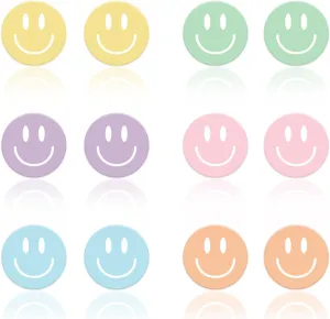 Whaline 6 Pairs Smile Face Acrylic Earring Studs Round Pastel Earrings for Women Birthday Party Favors Jewelry Accessories Supplies