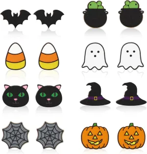 Whaline 8 Pairs Halloween Wooden Earring Studs Bat Ghost Cat Pumpkin Wood Earrings for Women Girls Party Jewelry Gift Accessories