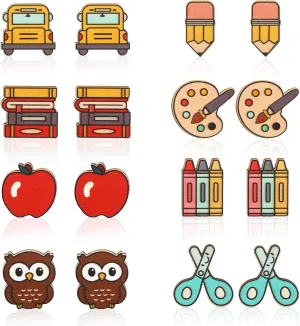 Whaline 8 Pairs Teacher Earring Studs School Bus Pencil Apple Owl Wood Earrings Cute Back to School Wooden Earrings for Women Girls First Day of School Party Jewelry Gift Accessories