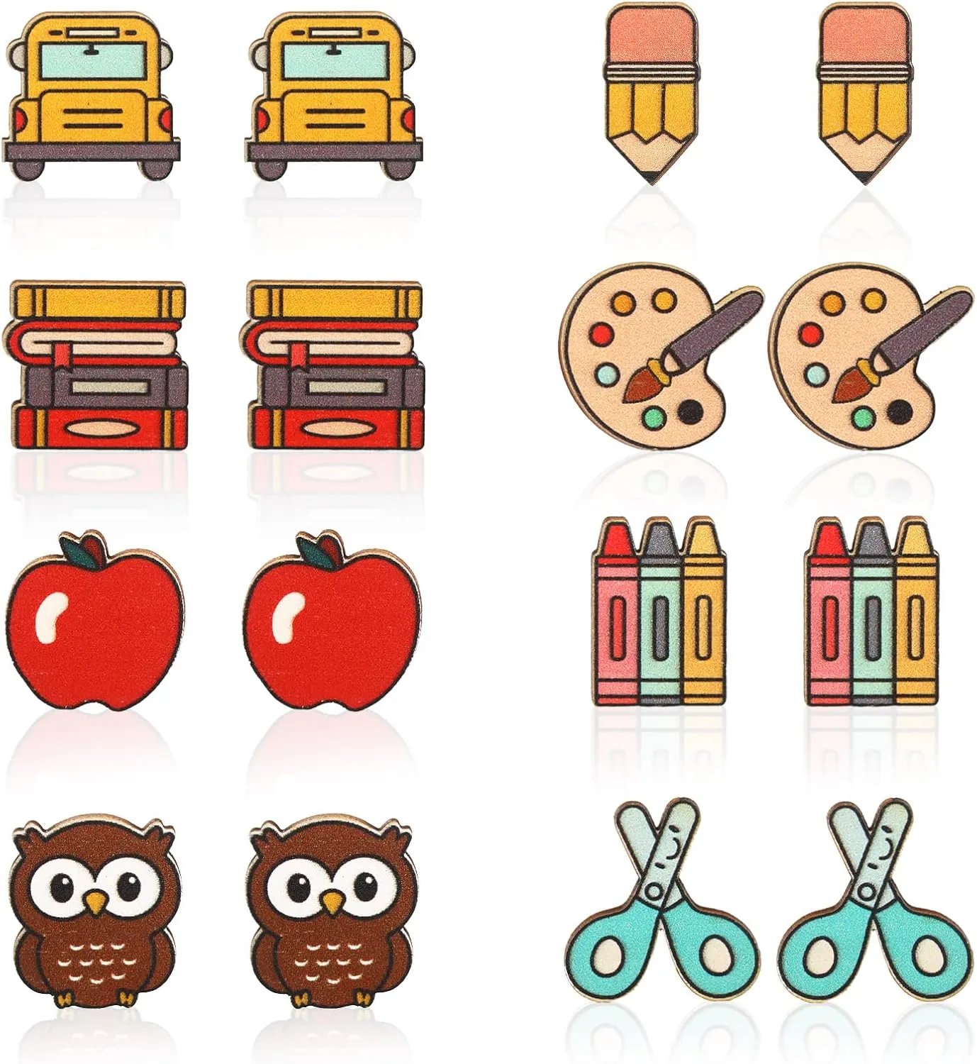 Whaline 8 Pairs Teacher Earring Studs School Bus Pencil Apple Owl Wood Earrings Cute Back to School Wooden Earrings for Women Girls First Day of School Party Jewelry Gift Accessories