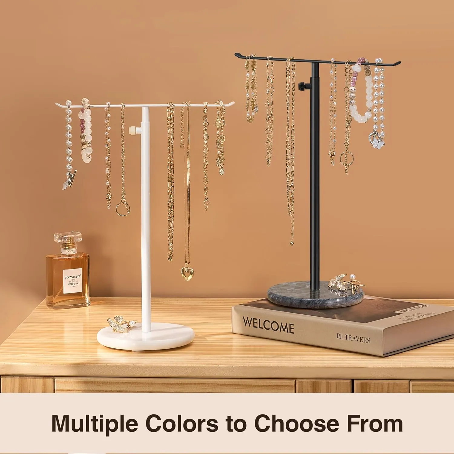 White Necklace Holder Jewelry Organizer Stand  Adjustable Height TBar Jewelry Display with White Marble Base, Necklace & Bracelet Holder, Countertop Jewelry Tree