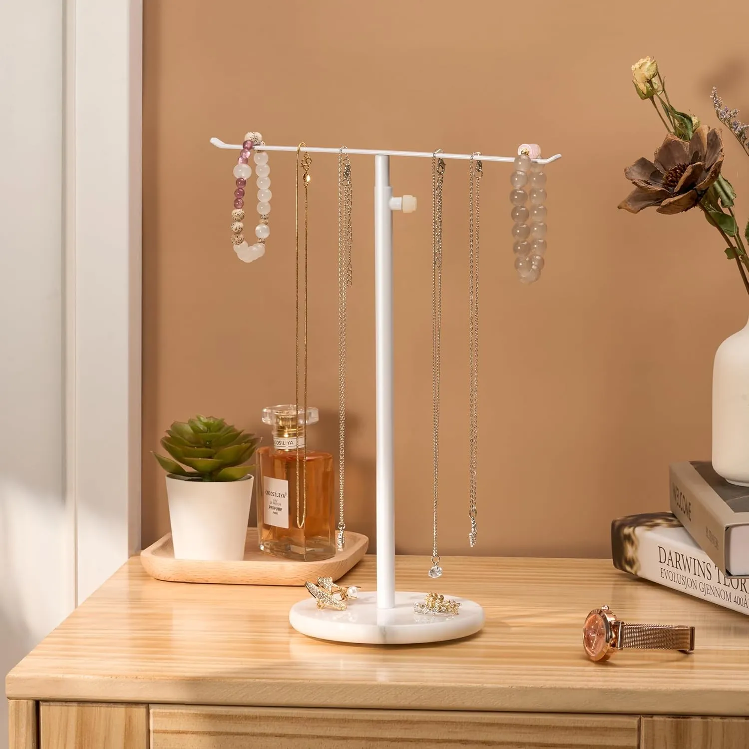 White Necklace Holder Jewelry Organizer Stand  Adjustable Height TBar Jewelry Display with White Marble Base, Necklace & Bracelet Holder, Countertop Jewelry Tree