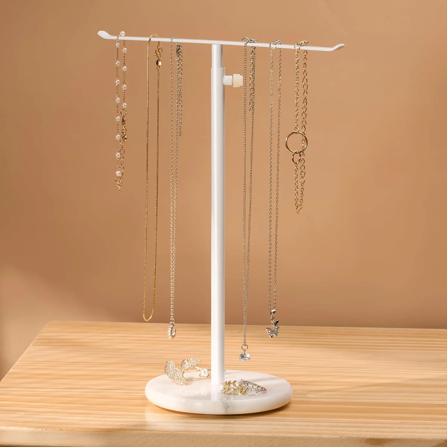 White Necklace Holder Jewelry Organizer Stand  Adjustable Height TBar Jewelry Display with White Marble Base, Necklace & Bracelet Holder, Countertop Jewelry Tree