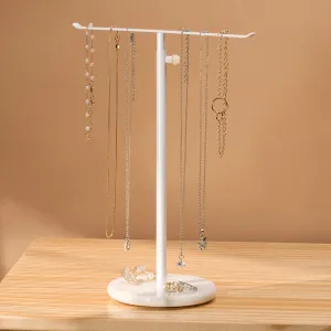White Necklace Holder Jewelry Organizer Stand  Adjustable Height TBar Jewelry Display with White Marble Base, Necklace & Bracelet Holder, Countertop Jewelry Tree