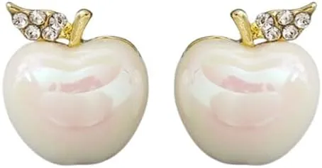 White Pearl Apple Stud Earrings for Women Teacher Christmas Gifts Earrings Small Apple Earrings Cute Fruit Red Enamel Apple Earring Christmas Jewelry