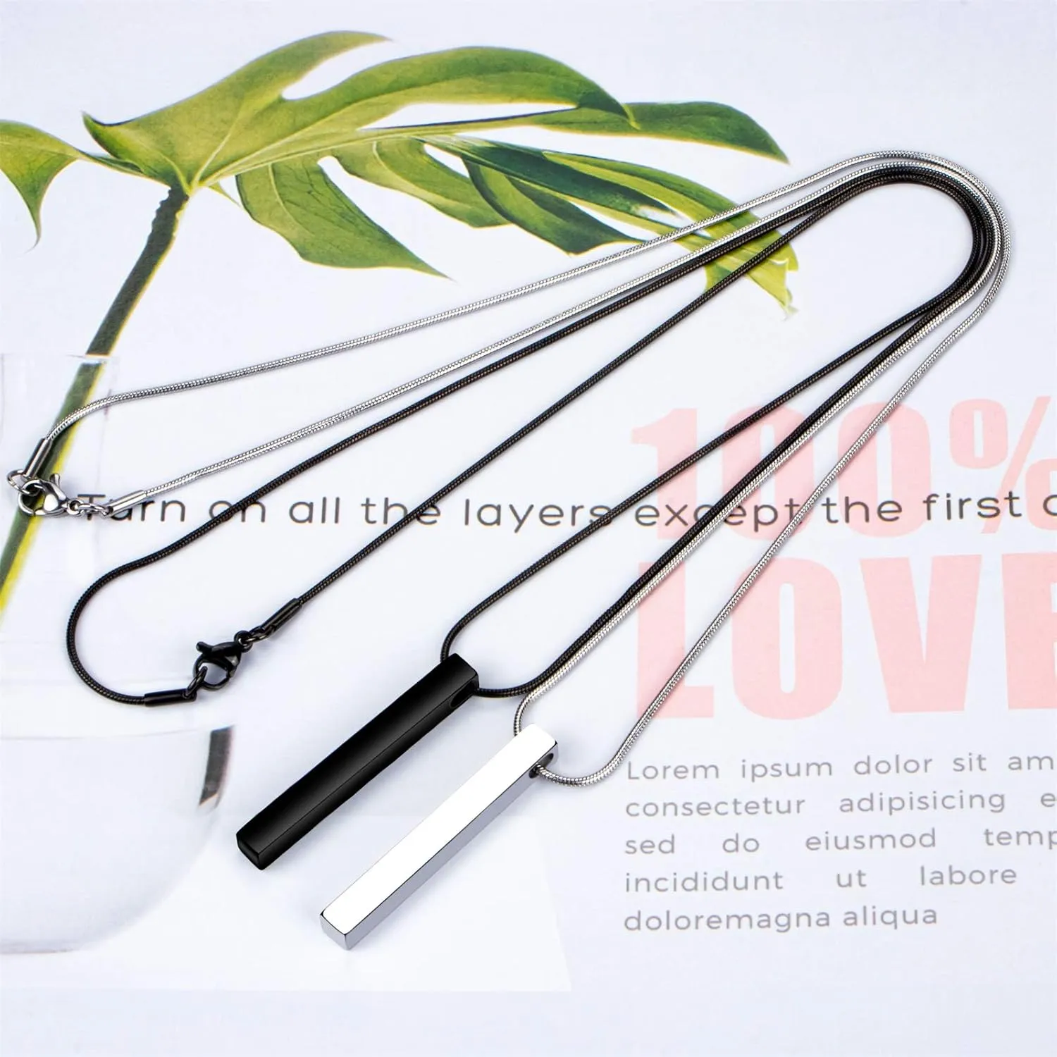 Wikavanli Stainless Steel Couple Necklace for Men and Women, Bar Pendant Matching Necklaces 22 Inches Snake Chain, Unisex